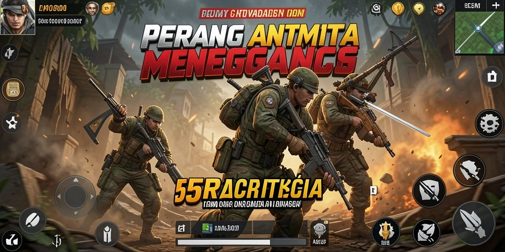 Screenshot utama 55RT menampilkan aksi tembak-menembak yang intens.