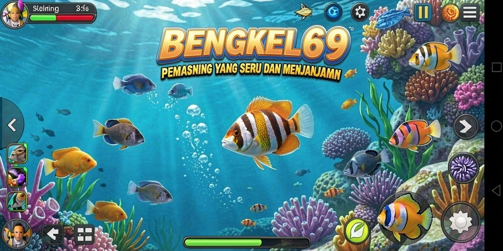 Tampilan gameplay BENGKEL69 dengan berbagai ikan dan alat pancing.
