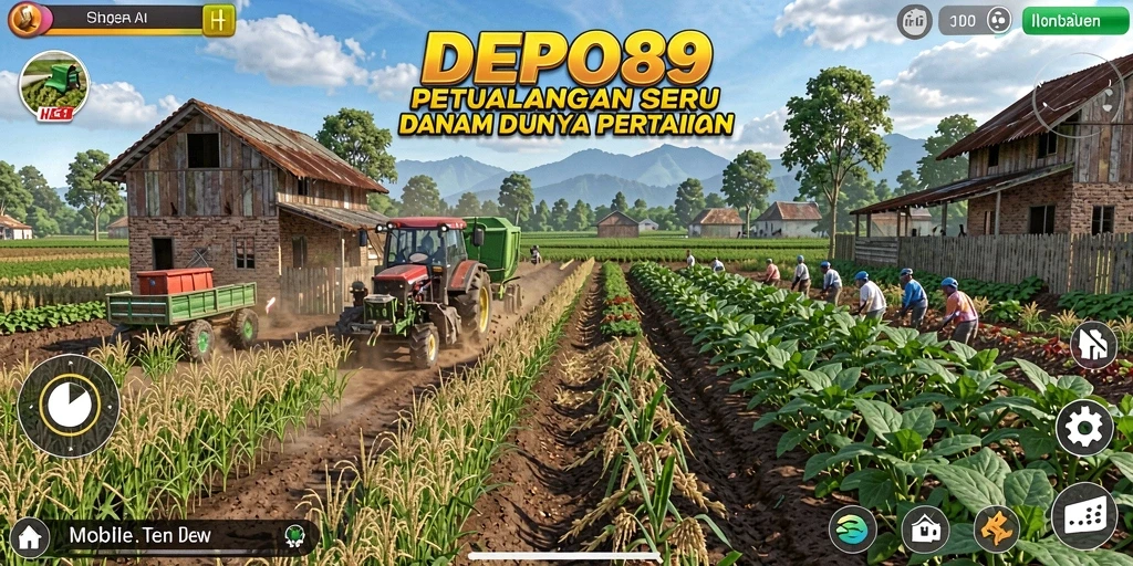 Tampilan gameplay DEPO89 dengan lahan pertanian yang luas dan tanaman yang subur.