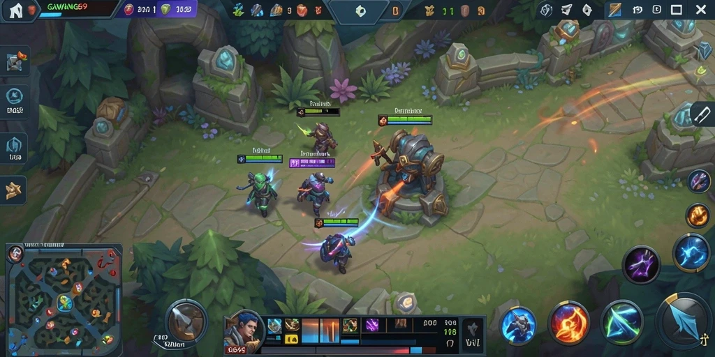 Screenshot gameplay GAWANG69 menunjukkan pertarungan seru antara dua tim.