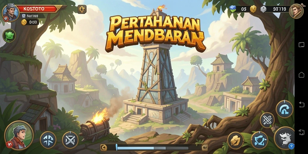 Tampilan gameplay KOSTOTO dengan menara yang strategis dan musuh yang menyerang.