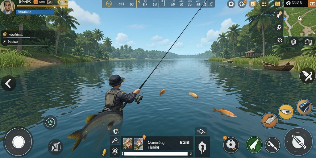 Screenshot gameplay RPVIP5 menampilkan aksi seru memancing ikan di laut.